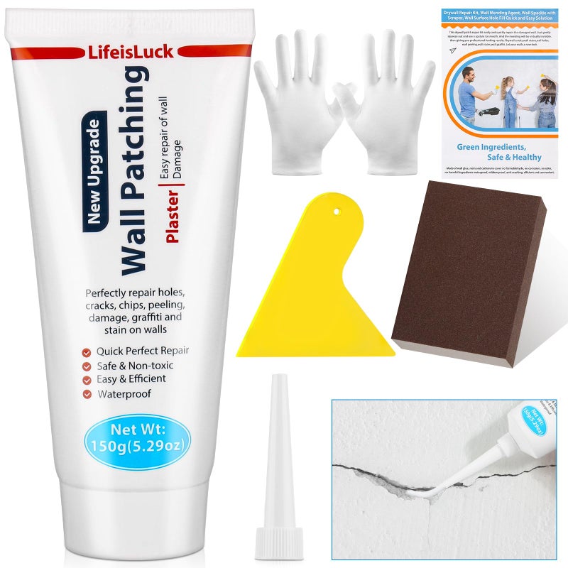 LifeisLuck Drywall Repair Kit, 150g Wall Mending Agent Spackle Wall Repair with Scraper Sanding Blocks for Filling The Home Holes Wall Plaster Dent Repair, Wall Surface Nail Hole Fill Quick - Image 1